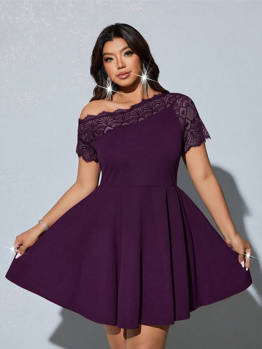 Viva Relle Plus Size Women's Dark Purple Lace Off-Shoulder Dress, Party Formal Gown, Cocktail Summer Elegant - Purple - View 1