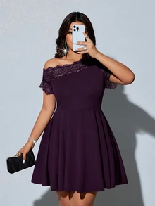 Viva Relle Plus Size Women's Dark Purple Lace Off-Shoulder Dress, Party Formal Gown, Cocktail Summer Elegant - Purple - View 4