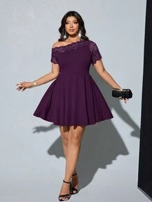 Viva Relle Plus Size Women's Dark Purple Lace Off-Shoulder Dress, Party Formal Gown, Cocktail Summer Elegant - Purple - View 5