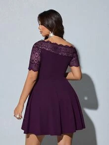Viva Relle Plus Size Women's Dark Purple Lace Off-Shoulder Dress, Party Formal Gown, Cocktail Summer Elegant - Purple - View 2