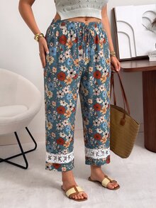 Ceyna Plus Size Spring/Summer Vintage Floral Print Patchwork Hollow Lace Faux Drawstring Casual Versatile Cropped Harem Pants Fall - Multicolor - View 4