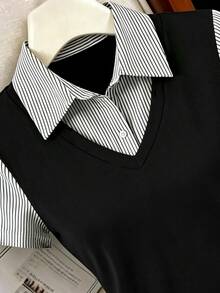 Selianne Women's Patchwork Striped Shirt Collar Short Sleeve 2 In 1 T-Shirt - Black - View 3