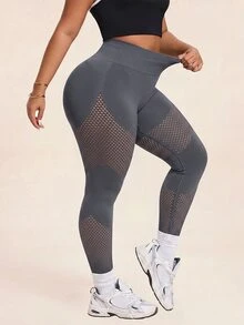 SHEIN Sports Plus Size Hollow Out Patchwork Sports Leggings Gym Cycling Dark Green Summer - Grey - View 4