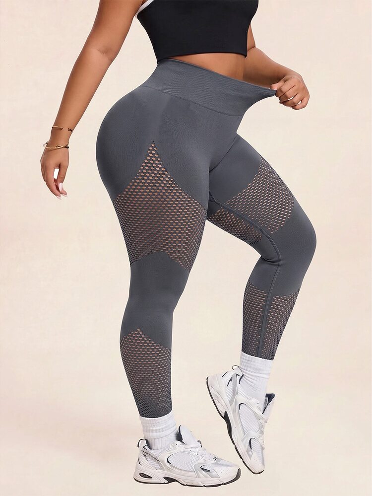 SHEIN Sports Plus Size Hollow Out Patchwork Sports Leggings Gym Cycling Dark Green Summer - Grey - View 4