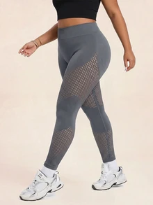 SHEIN Sports Plus Size Hollow Out Patchwork Sports Leggings Gym Cycling Dark Green Summer - Grey - View 5