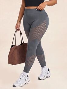 SHEIN Sports Plus Size Hollow Out Patchwork Sports Leggings Gym Cycling Dark Green Summer - Grey - View 3