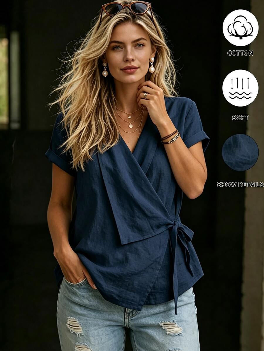 SHEIN Women's Blue Cross V-Neck Tie Front Blouse, Women's Vacation Shirt - Navy Blue - View 1