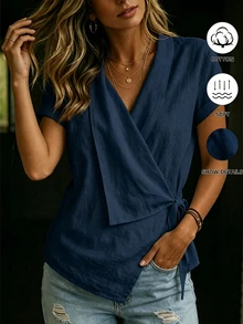 SHEIN Women's Blue Cross V-Neck Tie Front Blouse, Women's Vacation Shirt - Navy Blue - View 4