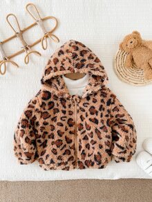 LMoss Kids Baby Girl Knitted Leopard Print Faux Fur Hooded Casual Jacket, Thermal Lined Brushed Thick Style, Suitable For Winter - Coffee Brown - View 4