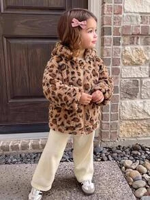 LMoss Kids Baby Girl Knitted Leopard Print Faux Fur Hooded Casual Jacket, Thermal Lined Brushed Thick Style, Suitable For Winter - Coffee Brown - View 8