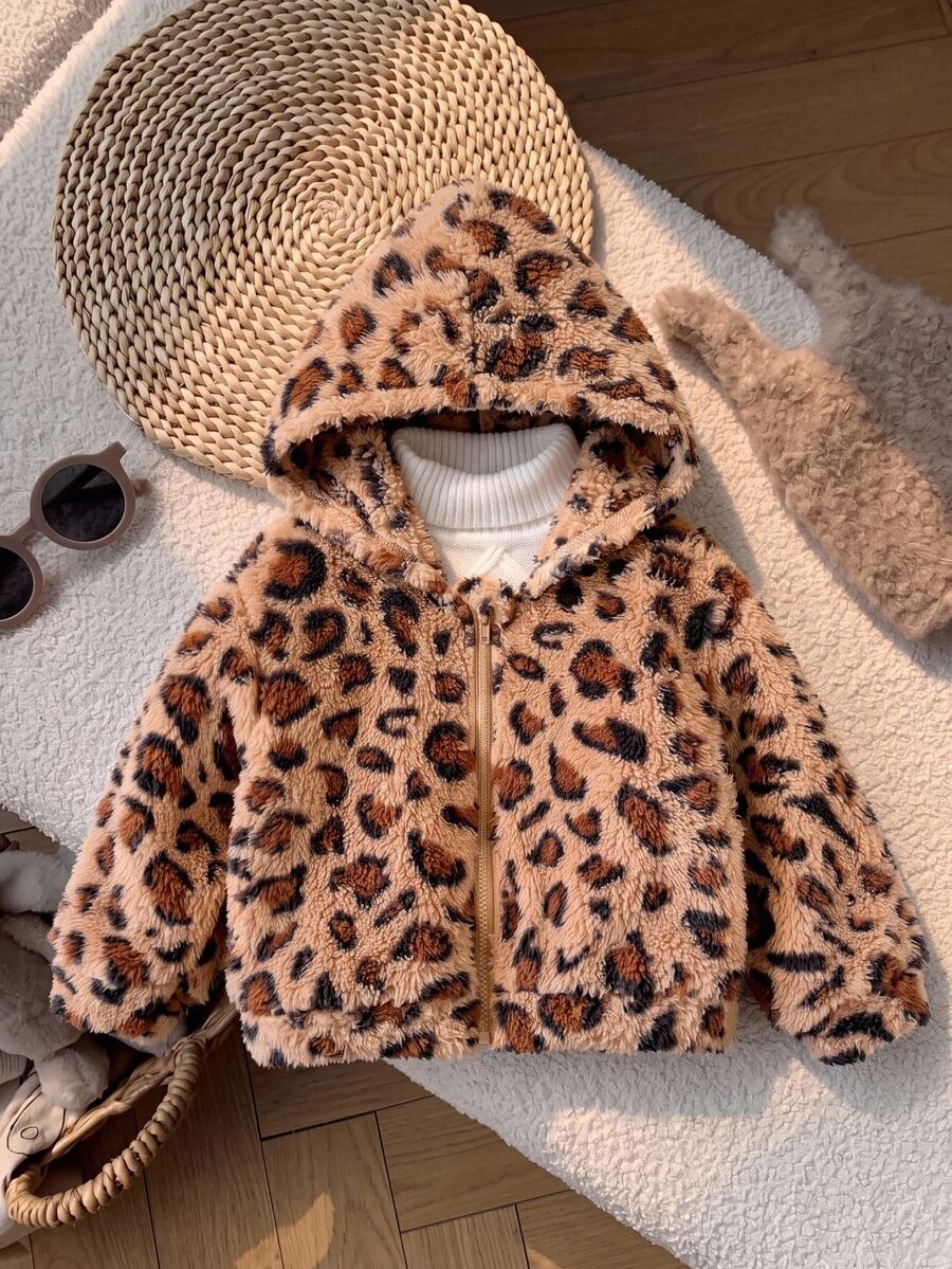 LMoss Kids Baby Girl Knitted Leopard Print Faux Fur Hooded Casual Jacket, Thermal Lined Brushed Thick Style, Suitable For Winter - Coffee Brown - View 1