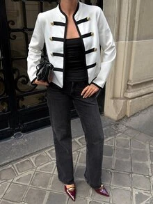 SHEIN Clasi Elegant Chic Black & White Metallic Button Decor Fitted Women Jacket In Fall/Winter - Black and White - View 5