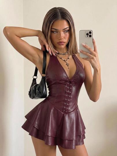 SHEIN ICON Women's Y2k Fashionable Gyaru Concert Women Outfit Club Party Festival Rave Cross Strap PU Leather Open Back Mini Halter Black Dress