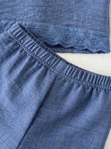 SHEIN Vintaside Kids 女嬰夏季藍色紋理蕾絲飾邊背心與短褲套裝，日常穿著與外出必備 - 藍色 - 查看 6