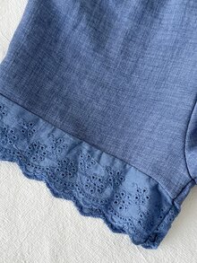 SHEIN Vintaside Kids 女嬰夏季藍色紋理蕾絲飾邊背心與短褲套裝，日常穿著與外出必備 - 藍色 - 查看 7