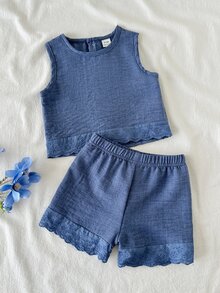 SHEIN Vintaside Kids 女嬰夏季藍色紋理蕾絲飾邊背心與短褲套裝，日常穿著與外出必備 - 藍色 - 查看 4