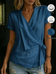 SHEIN 女款交叉V領白色前綁帶襯衫，度假風上衣 - 霧霾藍 - 查看 6