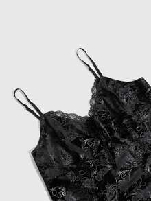 ROMWE Goth Plus Size Women's Contrast Lace Front Tie Elegant Spaghetti Strap Dress - Black - View 3