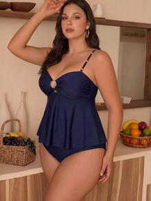 SHEIN Swim Curve Plus Size 2 Pieces Women's Celestial Tropical Solid Color Ruffle Hem Bikini Set, Shell Metal Buckle Decor, Navy Blue Bead Beach Vacation Summer - Navy Blue - View 8