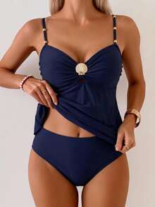 SHEIN Swim Curve Plus Size 2 Pieces Women's Celestial Tropical Solid Color Ruffle Hem Bikini Set, Shell Metal Buckle Decor, Navy Blue Bead Beach Vacation Summer - Navy Blue - View 5