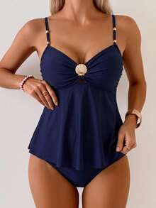 SHEIN Swim Curve Plus Size 2 Pieces Women's Celestial Tropical Solid Color Ruffle Hem Bikini Set, Shell Metal Buckle Decor, Navy Blue Bead Beach Vacation Summer - Navy Blue - View 9