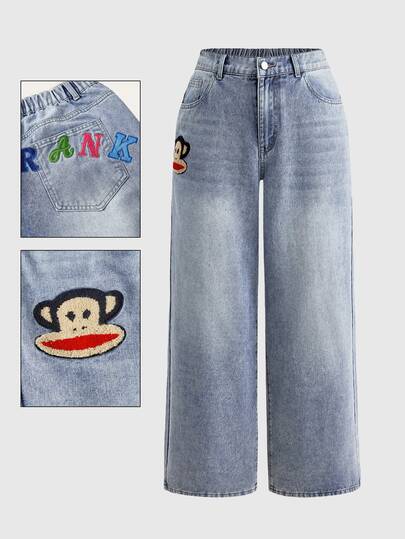Paul Frank X ROMWE Jean Y2K Millennium à jambes larges avec motif brodé, grande taille
