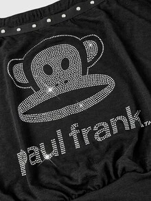 Paul Frank X ROMWE Plus Size Women's Letter Cartoon Rhinestone Casual 90s Anti Social Everyday Vacation Night Out Evening T-Shirt Formal Going Out Black Summer - Black - View 1