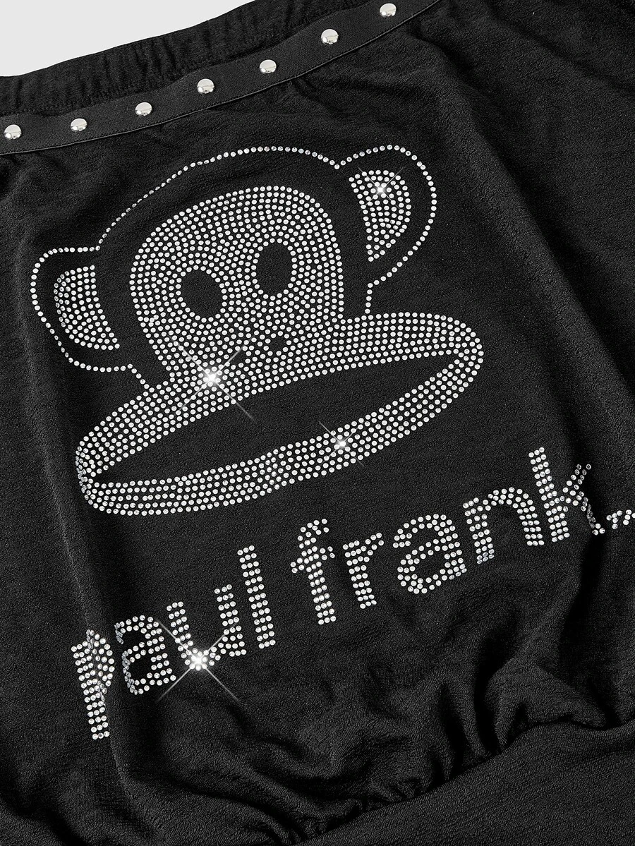 Paul Frank X ROMWE Plus Size Women's Letter Cartoon Rhinestone Casual 90s Anti Social Everyday Vacation Night Out Evening T-Shirt Formal Going Out Black Summer - Black - View 1