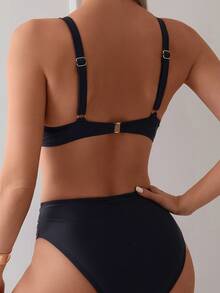 SHEIN Swim Solid Color Hollow Out Back Strap Bikini Two-Piece Set, Summer Beach - Black - View 3