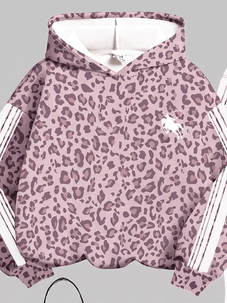 American Retro Sweet Light Leopard Print & Collegiate Style Contrast Stripe, Tween Girls Hooded Drop Shoulder Sweatshirt & Slim Fit Leggings 2 Pieces Set, Street Retro Style, Casual & Comfortable, Kids Autumn Layering, Y2K, Sportswear, Outing, Street Style, Campus, Chill Chill - White - View 5