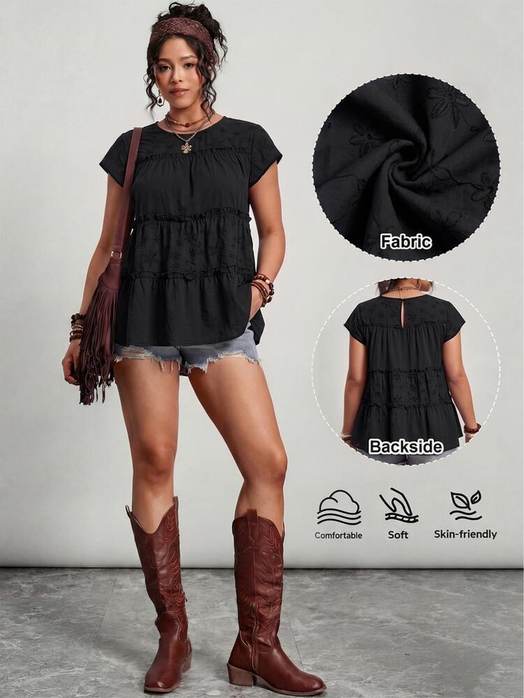 Freevana Plus Size Summer Casual Floral Embroidered Shirt - Black - View 5