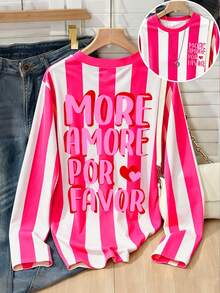 DrmWander 女款圓領長袖T恤，桃紅色與白色垂直條紋搭配 MORE AMORE POR FAVOR 文字與愛心圖案，落肩寬鬆休閒上衣 - 彩色 - 查看 5