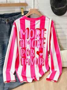 DrmWander 女款圓領長袖T恤，桃紅色與白色垂直條紋搭配 MORE AMORE POR FAVOR 文字與愛心圖案，落肩寬鬆休閒上衣 - 彩色 - 查看 7