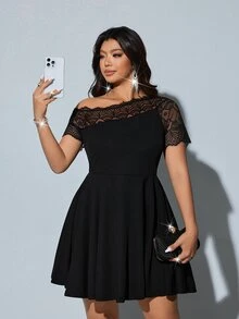 Viva Relle Plus Size Women's Black Lace Off-Shoulder Dress, Party Dress, Cocktail Dress - Black - View 4