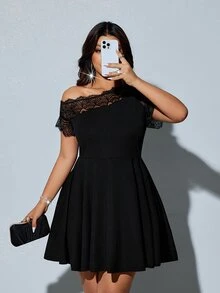 Viva Relle Plus Size Women's Black Lace Off-Shoulder Dress, Party Dress, Cocktail Dress - Black - View 5