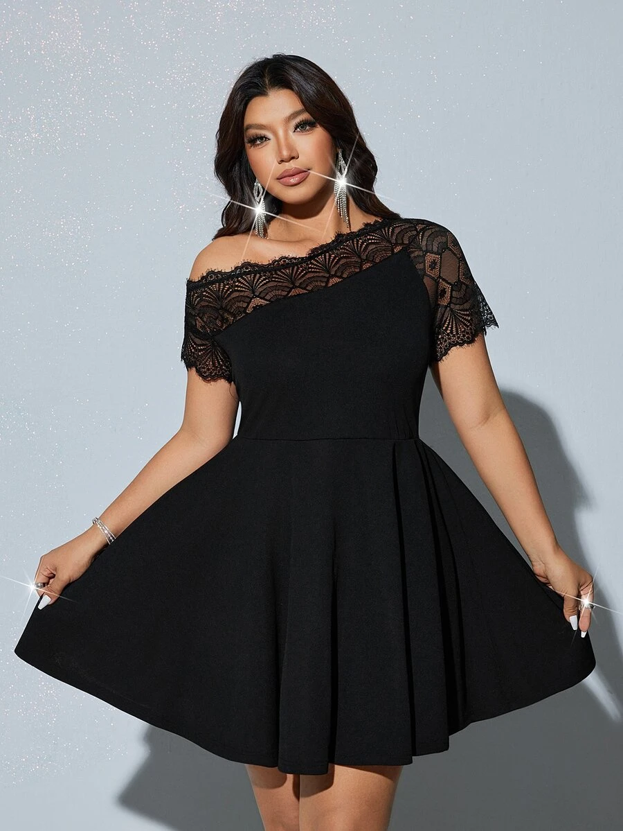 Viva Relle Plus Size Women's Black Lace Off-Shoulder Dress, Party Dress, Cocktail Dress