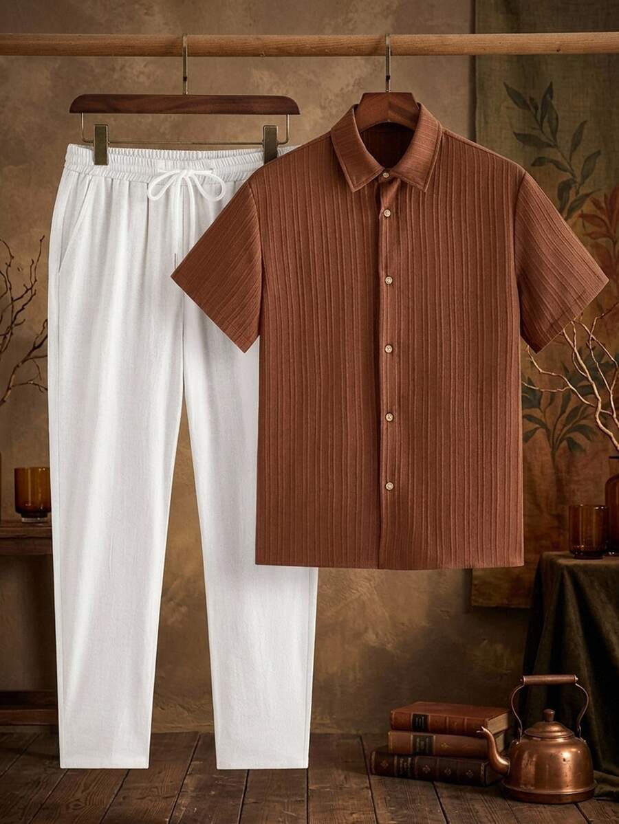 HIMLAND Men's Shirt Set, 2-Piece Summer Outfit, Chocolate Brown Short Sleeve Button-Down, Pleated Texture Shirt, White Drawstring Pants, Resort Wear - Brown - View 1