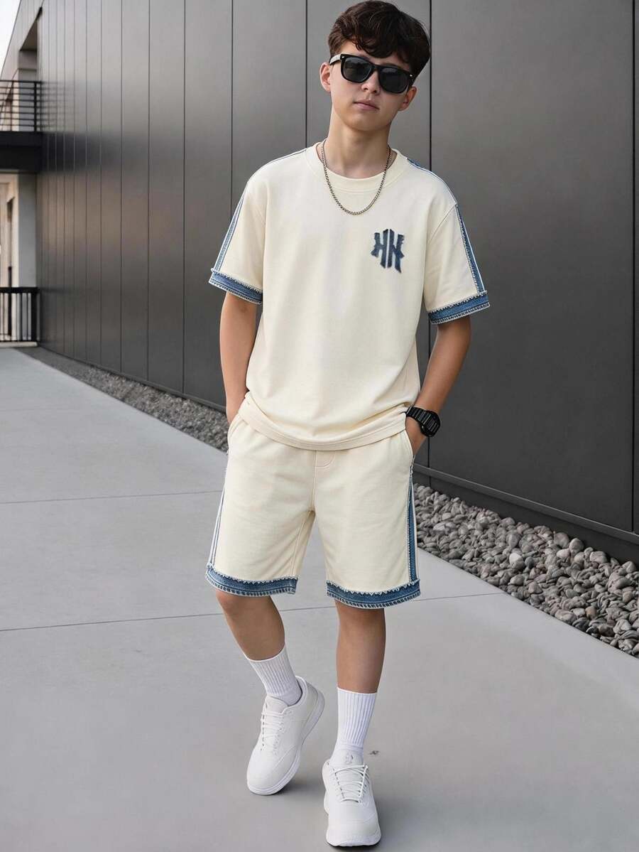 Teen Boy Casual Minimalist Short Sleeve Crew Neck T-Shirt And Shorts Set, 2 Pieces Outfit Suitable For Autumn Back To School - Multicolor - View 1