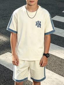 Teen Boy Casual Minimalist Short Sleeve Crew Neck T-Shirt And Shorts Set, 2 Pieces Outfit Suitable For Autumn Back To School - Multicolor - View 4