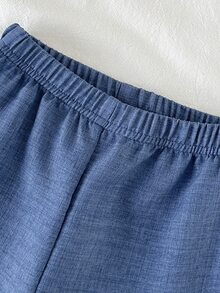 SHEIN 女嬰田園鄉村風荷葉領嬰兒女童服裝套裝，嬰兒時尚刺繡下擺無袖上衣與長褲 2 件套 - 藍色 - 查看 6