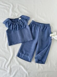 SHEIN 女嬰田園鄉村風荷葉領嬰兒女童服裝套裝，嬰兒時尚刺繡下擺無袖上衣與長褲 2 件套 - 藍色 - 查看 5