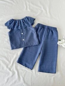 SHEIN 女嬰田園鄉村風荷葉領嬰兒女童服裝套裝，嬰兒時尚刺繡下擺無袖上衣與長褲 2 件套 - 藍色 - 查看 2