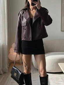 SHEIN PETITE معطف ترنش نسائي بلون سادة وأكمام طويلة وياقة لابيل وأزرار مزدوجة - أحمر بنفسجي - مشاهدة 4
