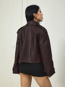 SHEIN PETITE معطف ترنش نسائي بلون سادة وأكمام طويلة وياقة لابيل وأزرار مزدوجة - أحمر بنفسجي - مشاهدة 5
