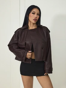 SHEIN PETITE معطف ترنش نسائي بلون سادة وأكمام طويلة وياقة لابيل وأزرار مزدوجة - أحمر بنفسجي - مشاهدة 9