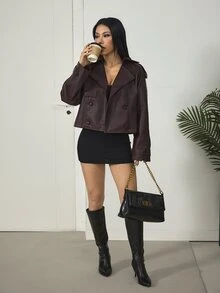 SHEIN PETITE معطف ترنش نسائي بلون سادة وأكمام طويلة وياقة لابيل وأزرار مزدوجة - أحمر بنفسجي - مشاهدة 6