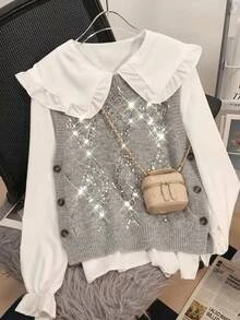 SHEIN LUNE Plus Size Women Solid Color Patchwork Sequin Side Button Design Knit Vest - Light Grey - View 8