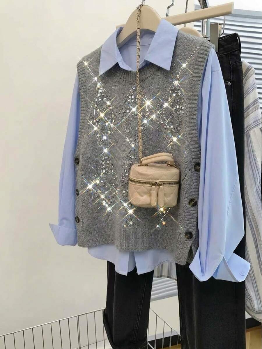 SHEIN LUNE Plus Size Women Solid Color Patchwork Sequin Side Button Design Knit Vest - Light Grey - View 1