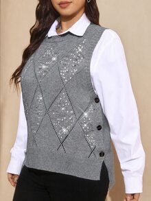 SHEIN LUNE Plus Size Women Solid Color Patchwork Sequin Side Button Design Knit Vest - Light Grey - View 3