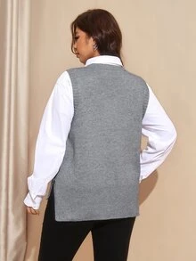 SHEIN LUNE Plus Size Women Solid Color Patchwork Sequin Side Button Design Knit Vest - Light Grey - View 2